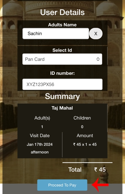 Tajmahal Online ticket book Kaise Kare Step 4