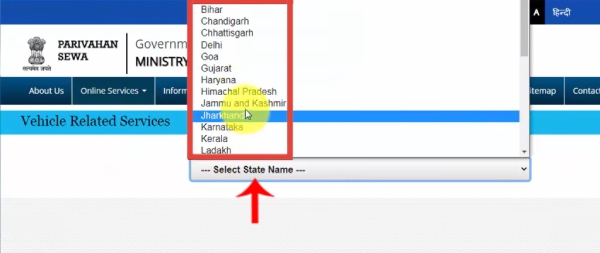 Select state for vehicle related services on Parivahan