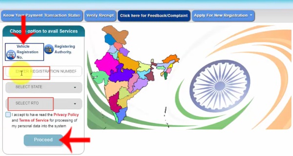 Enter vehicle registration number and select RTO on Parivahan