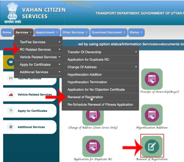 Renewal of Registration option on Vahan Citizen Portal