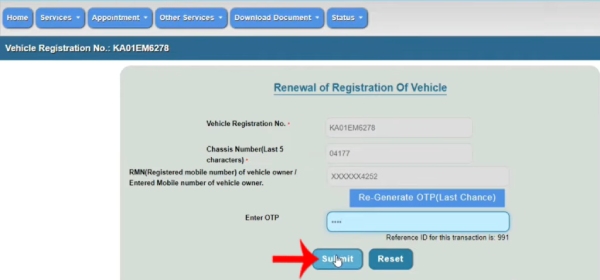 Chassis number and OTP verification for vehicle registration renewal