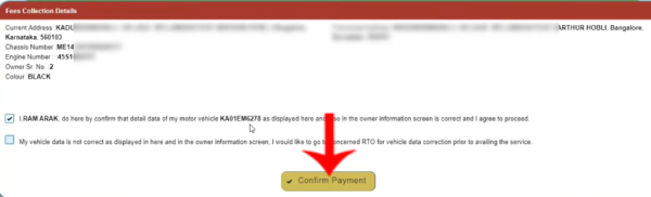 Confirm payment for vehicle RC renewal on Parivahan