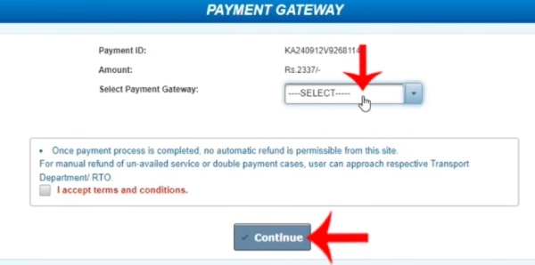 Payment gateway selection for vehicle RC renewal