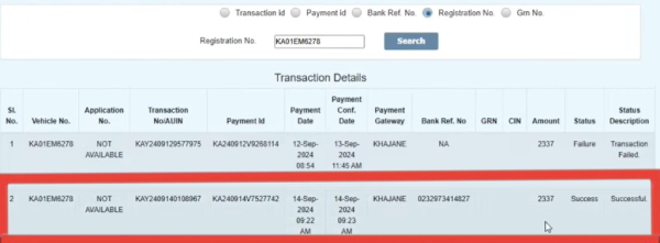 Successful vehicle RC renewal payment transaction status