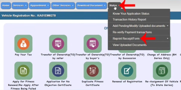 Reprint Receipt Form option on Parivahan vehicle services