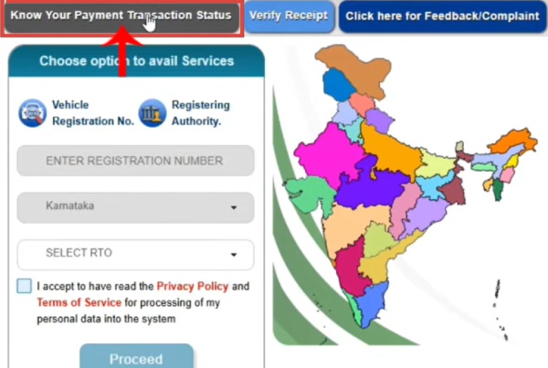 Know Your Payment Transaction Status option on Parivahan