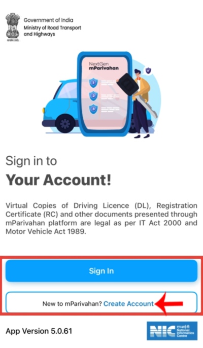 mParivahan App पर नया अकाउंट बनाने का तरीका