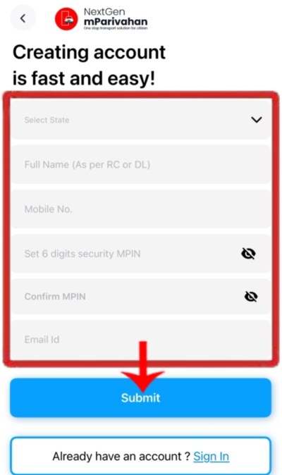 mParivahan App में अकाउंट बनाने के लिए जानकारी भरने का फॉर्म