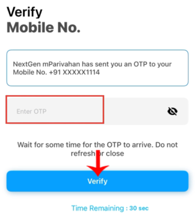mParivahan App में मोबाइल नंबर OTP से वेरीफाई करने की प्रक्रिया